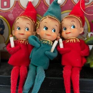 Vintage pixie Elf shelf sitters  Figurines Set - Red and Green